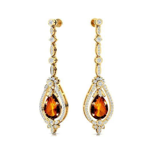 18k Gold Natural Citrine Gemstone Real Diamond Dangle Drop Earrings 14K Solid Gold Rhodium Plated Certified Cute Design Weddings