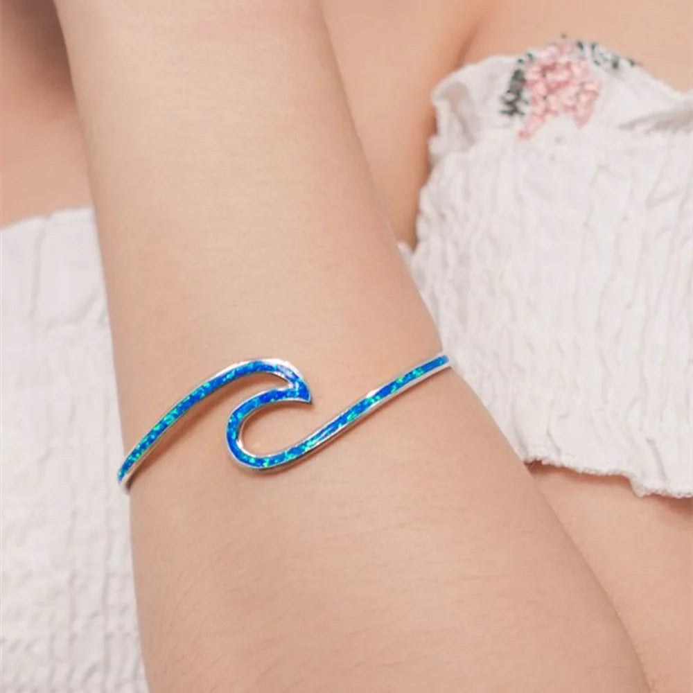 TikTok INS Romantic Emerald Cut Opal Hawaii Water Drop Surfing Ripple Cuff Bracelet Jewelry Wholesale Inlaid Opal Unisex Gift