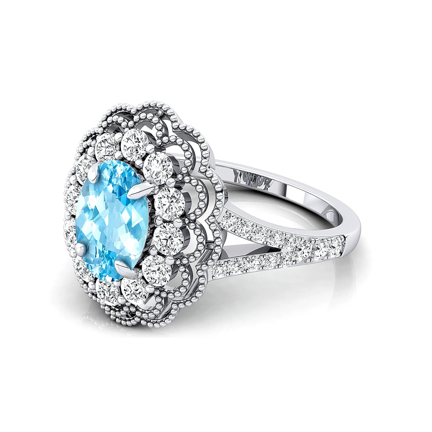 Flower Cluster Original Blue Aquamarine Oval Cut Diamond Promise Ring 14K Gold Rhodium Plated Wedding Engagement Party Gift