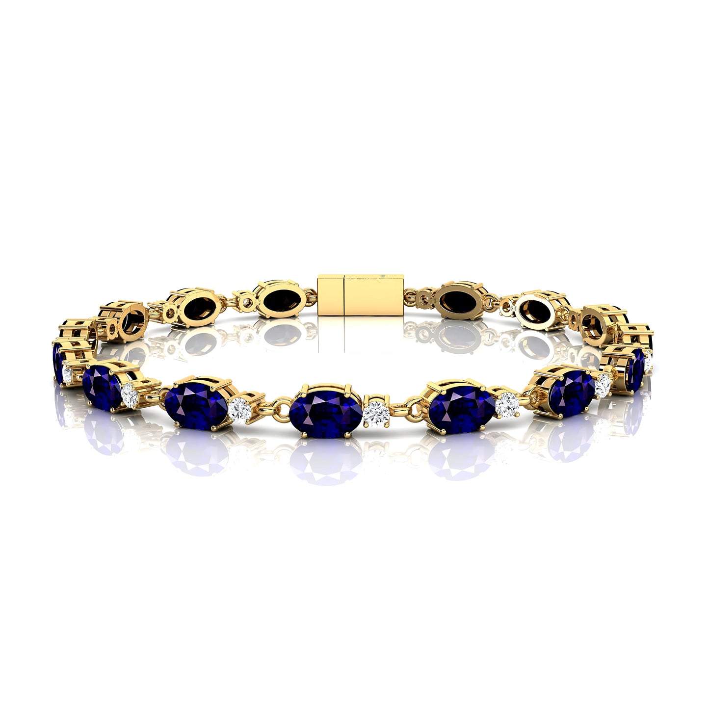 Trendy 14Kt Pure Gold Round Cut Diamond and Oval Cut Blue Sapphire Tennis Bracelet Dainty Elegant Blue Sapphire Tennis Bracelet