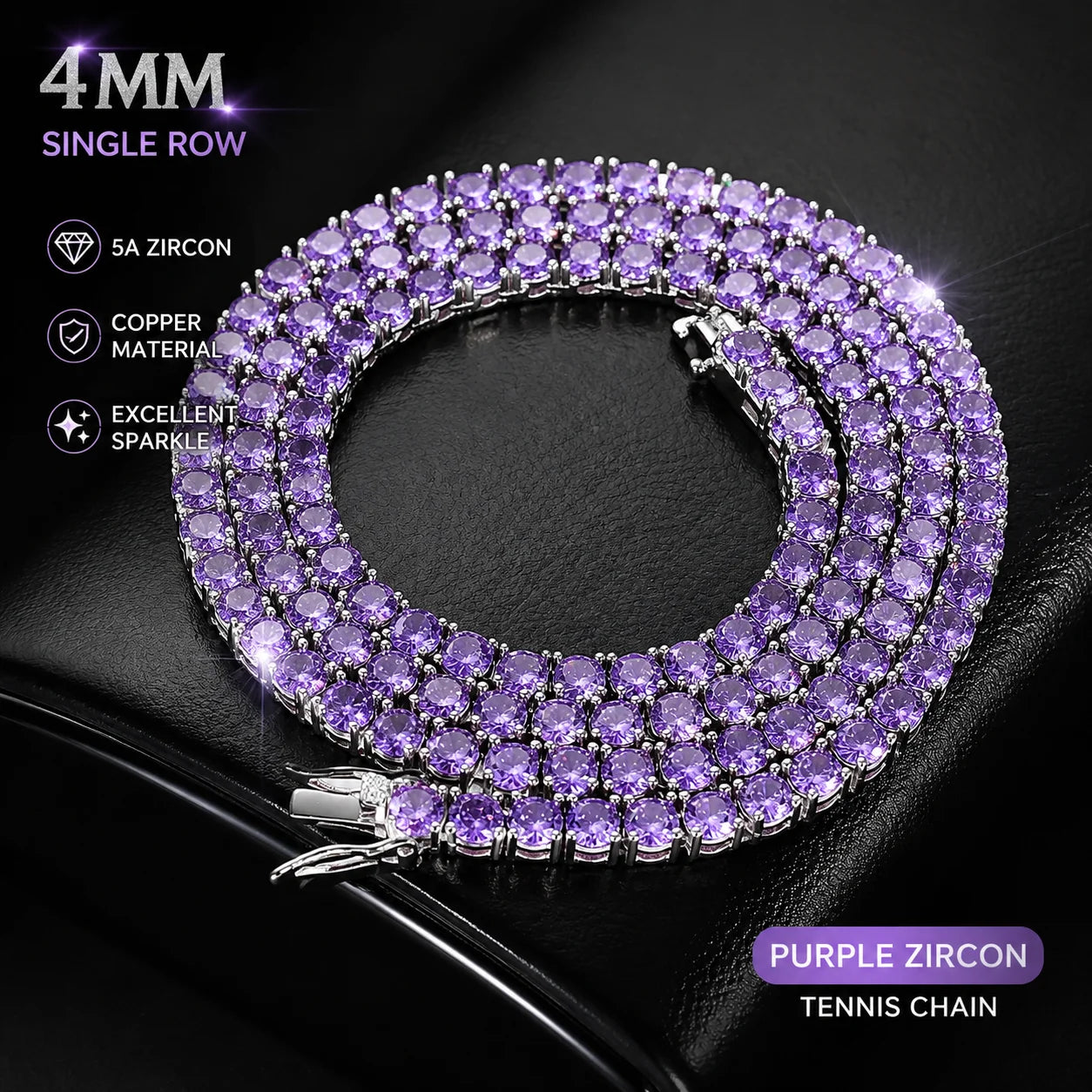ODM Wholesale Copper Tennis Bracelet 4mm Round Purple CZ Zircon Single Row Chain Luxury Fashion for Men Women Boutique Stores