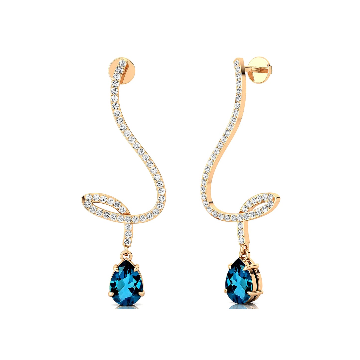 Pear Cut Natural London Blue Topaz Gemstone & Real Diamonds Dangling Drop Earrings 18k Solid Gold Rhodium Wedding Gift For Her