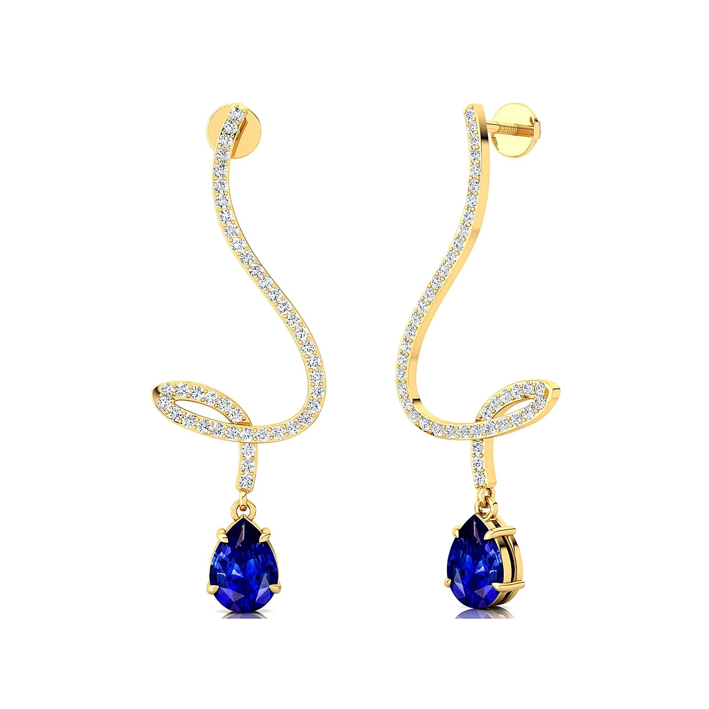 18k Solid Gold Dangling Drop Earrings Pear Cut Lab Grown Blue Sapphire & Real Diamonds Earrings For Wedding and Anniversary ODM