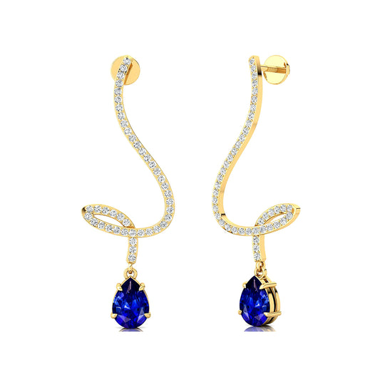 18k Solid Gold Dangling Drop Earrings Pear Cut Lab Grown Blue Sapphire & Real Diamonds Earrings For Wedding and Anniversary ODM