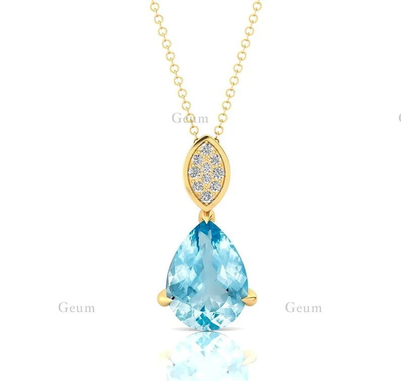 Natural Aquamarine Gemstone 14k Solid Gold Handmade Cute Rhodium Plated Teardrop Pendant Necklace Wholesale Supplier Jewelry