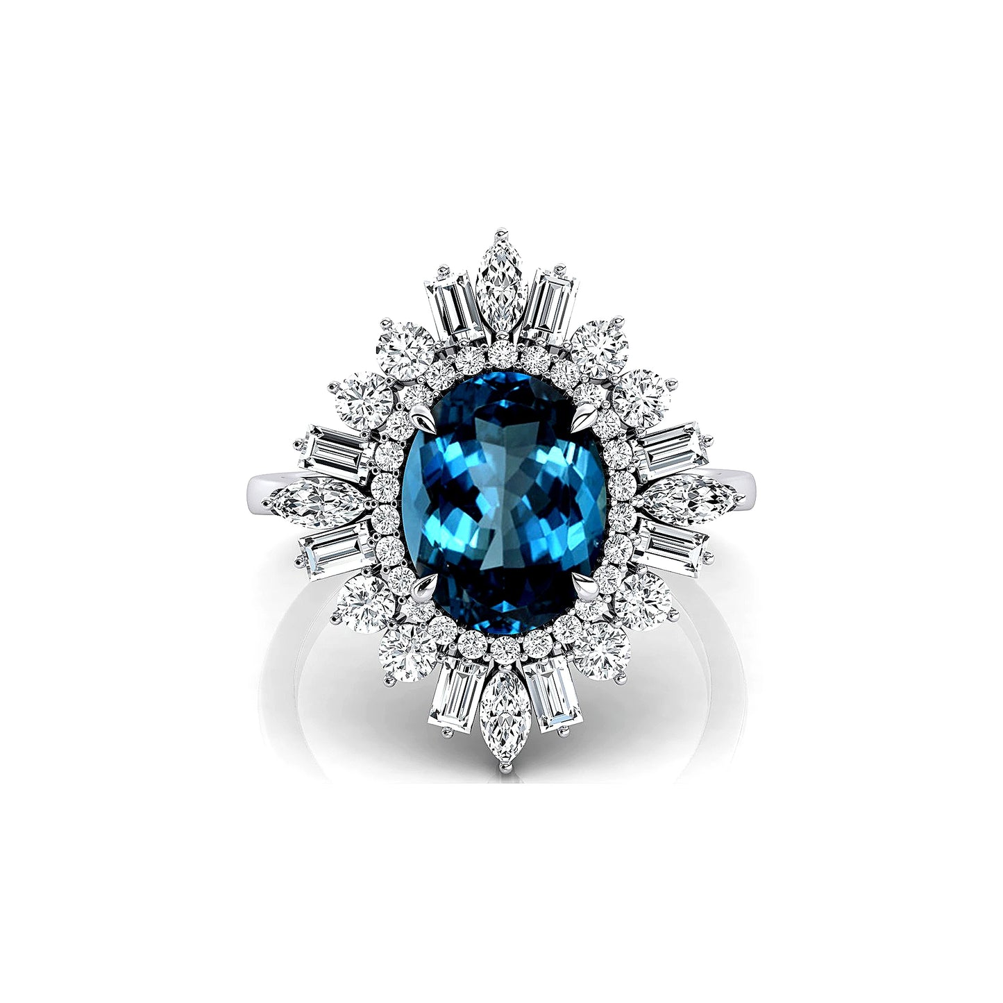 Solid Gold London Blue Topaz Gemstone Real White Diamonds Rhodium Plated Classic Party Gift for Women's Engagement Wedding