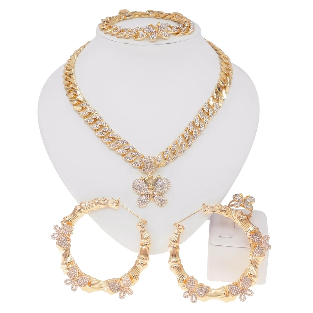 Zhuerrui Butterfly Women's Cuban Chain Bridal Jewelry Sets Famous Brands Hip Hop Style 18 Carat Gold Bridal XO Jewelry Set Z0029