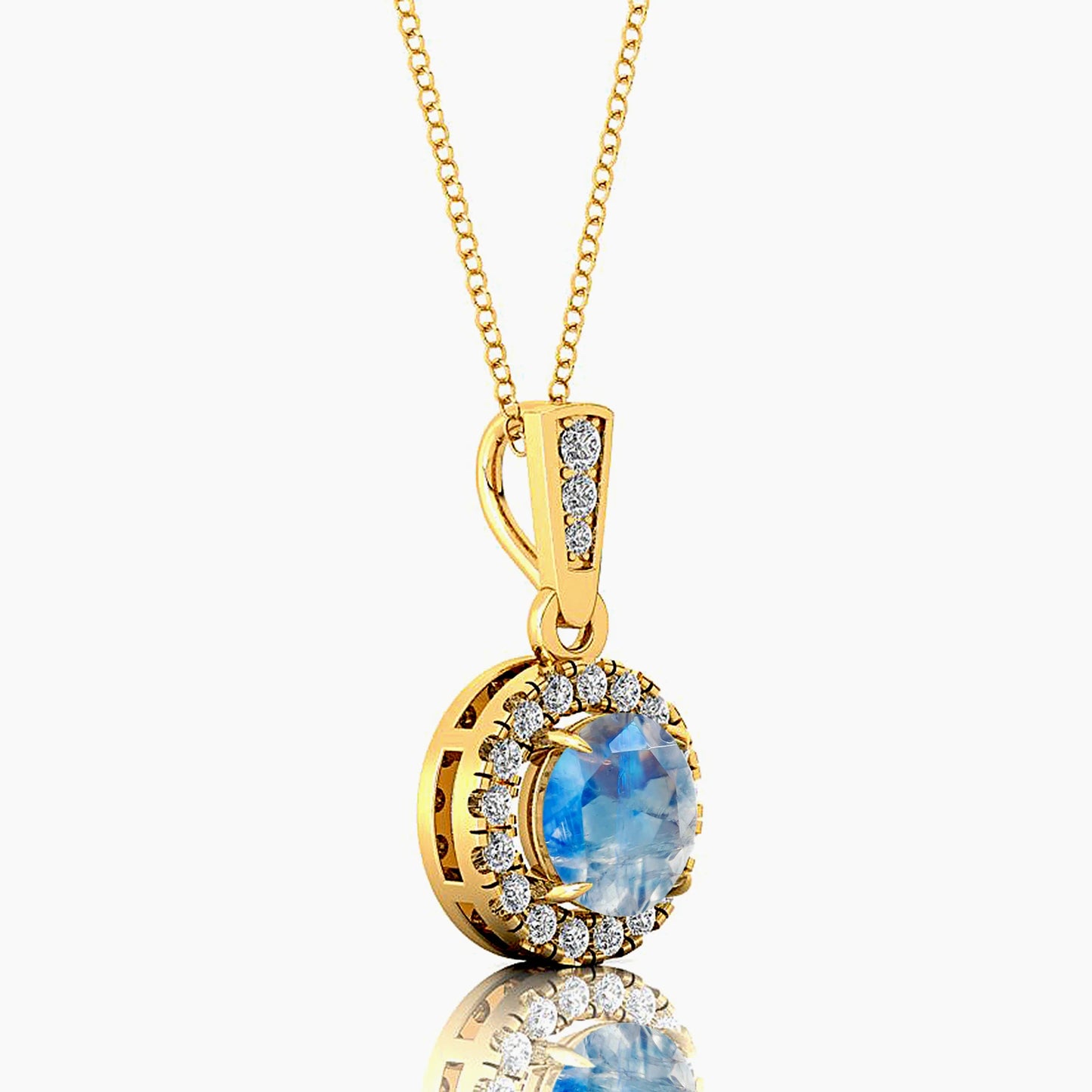 Beautiful Halo Solitaire Charm's Pendant Rainbow Moonstone Jewelry Rhodium Plated 14k Gold Necklace