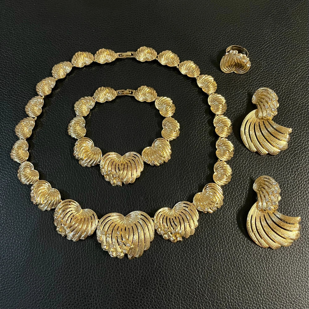 Zhuerrui Italian Gold Plated Jewelry Set Fan Shaped Crystal Inlaid Layered Necklace Earrings Bracelet Ring for Women Party I0059