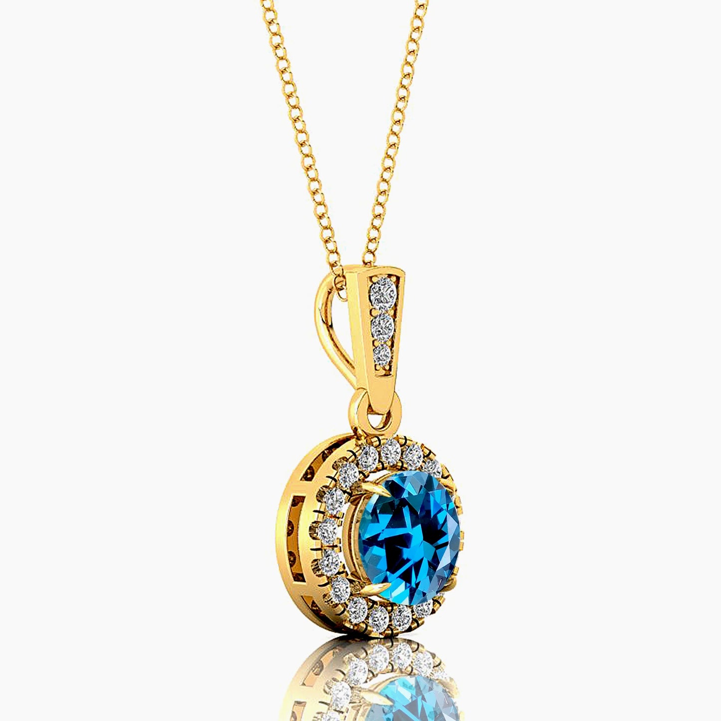Exquisite Halo Style Natural London Blue Topaz Gemstone & Genuine Diamonds 14k White Gold Charm Pendant Necklace For Mother Gift