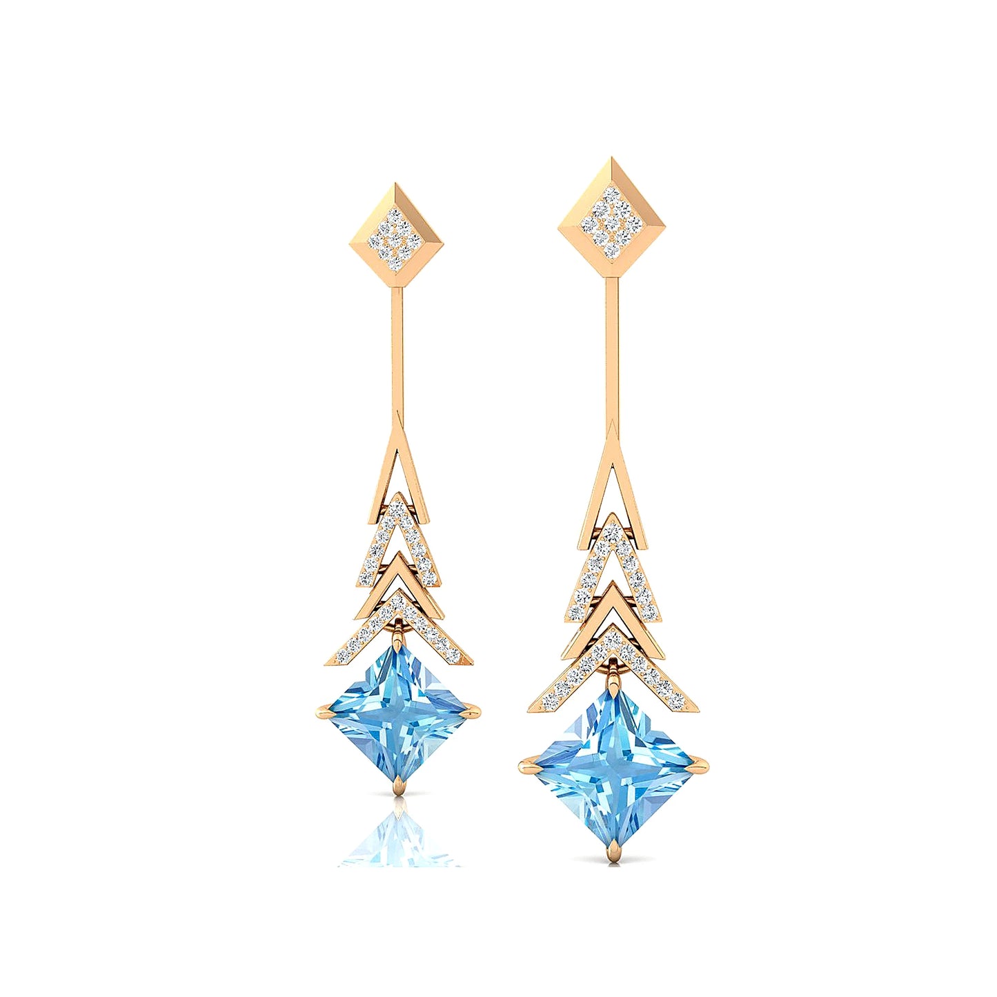 Wedding Party Gift Natural Aquamarine Princess Cut Gemstone Solid Gold Real Diamonds Dangle Drop Earrings Rhodium Plated Jewelry