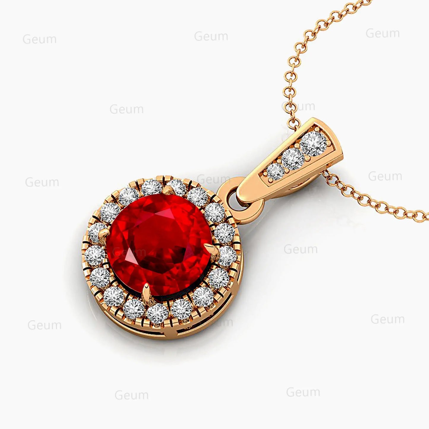 14k Solid Gold Lab Grown Ruby Gemstone Halo Pendant Diamond Necklace Round Shape Fine Jewelry Lab Ruby Gemstone Pendant Jewelry