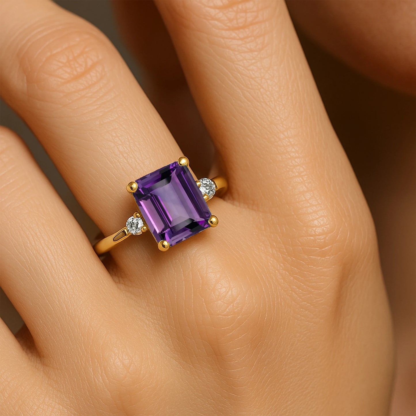 Customized 14k 18k Solid Yellow Gold 7x9 Emerald Cut Amethyst Gemstone Rings for Wedding and Gift Occasions