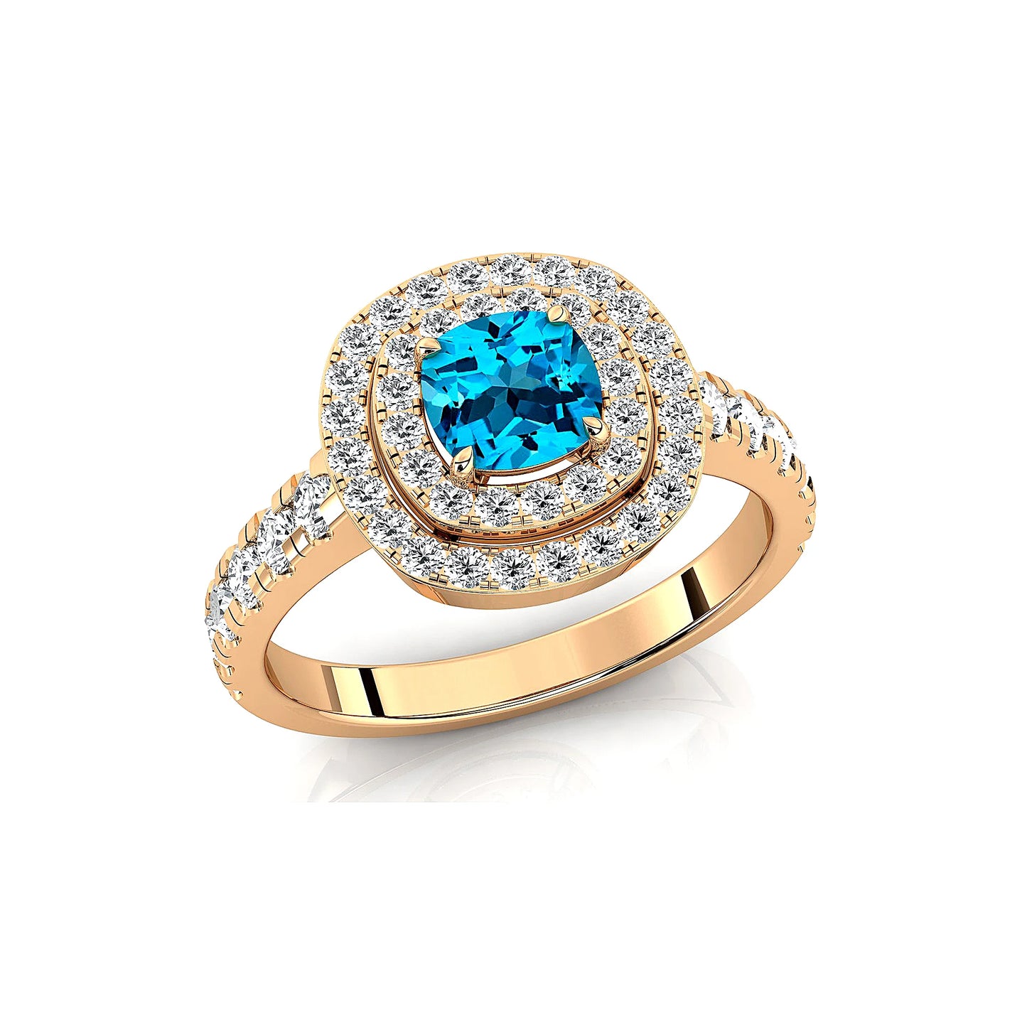 14k Solid Gold Rings Cushion Cut Natural Swiss Blue Topaz Gemstone Real Diamonds Rhodium Plated Classic Luxurious Halo Ring