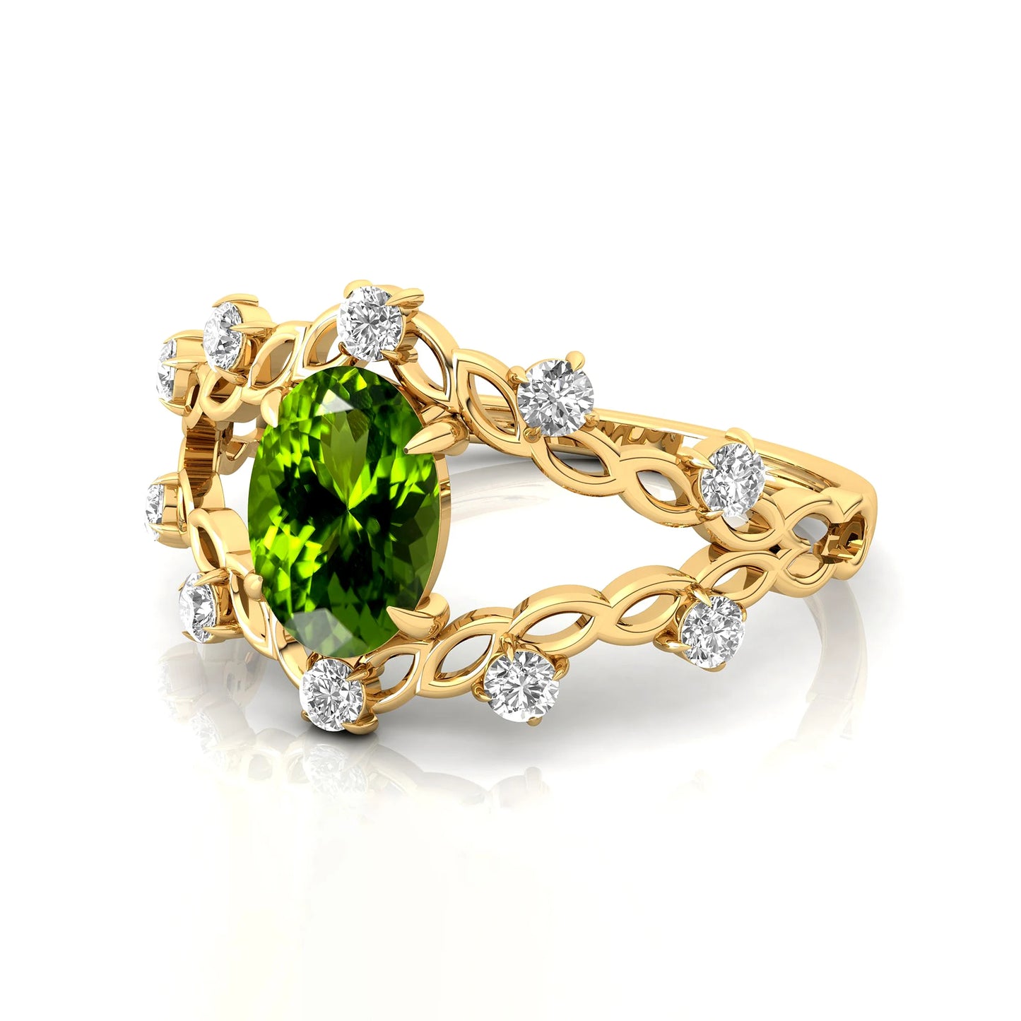 14k Yellow Solid Real Gold Oval Cut 1.35 Green Natural Peridot Gemstone Rings With Natural Diamonds Luxurious Anniversary Rings