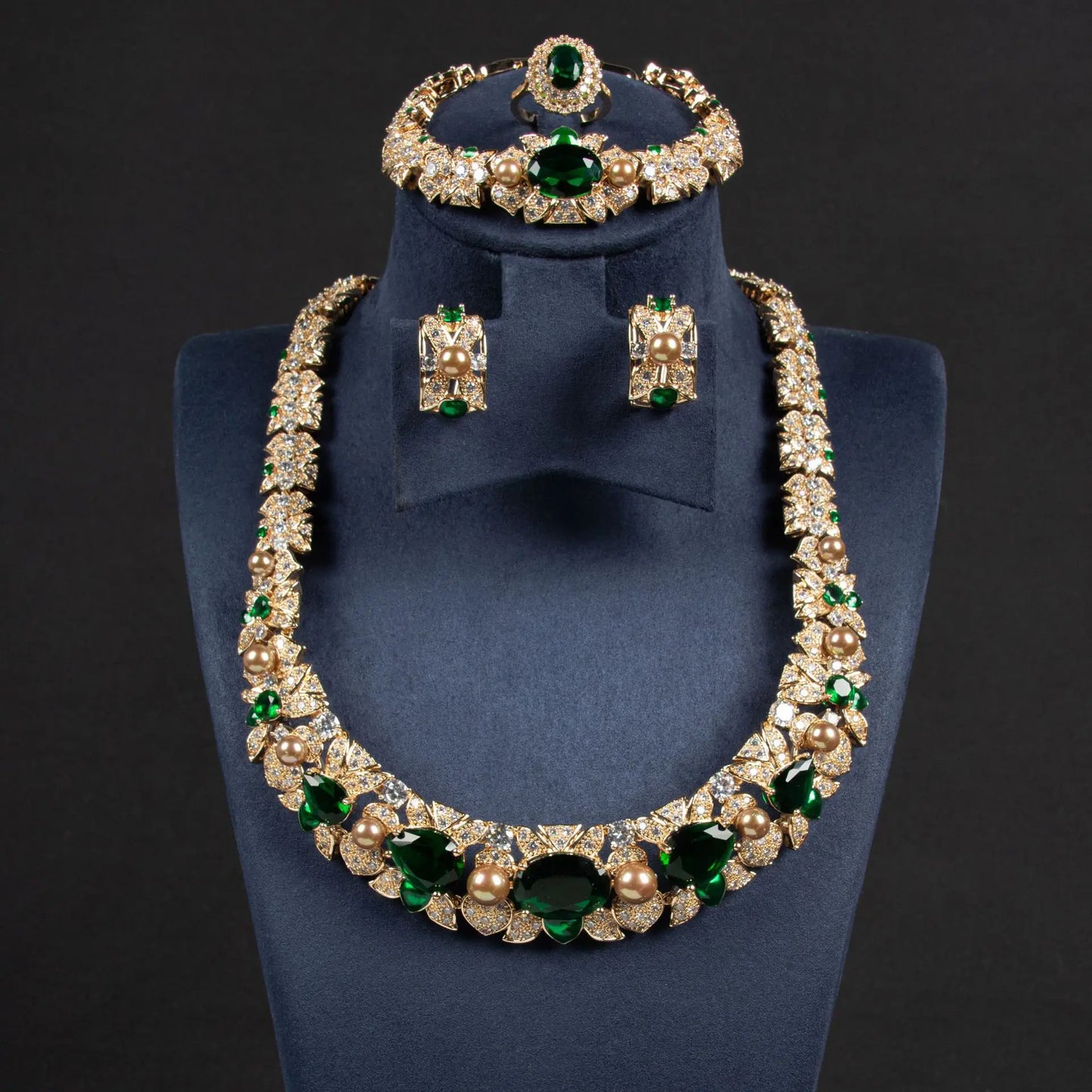 Newest Design 4pcs Jewelry Sets Luxury Bridal Pearl Colorful Zirconia Diamond Gorgeous Necklace Wedding Jewelry Sets