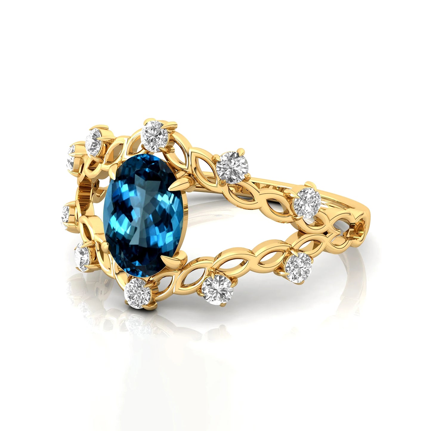 14K Solid Gold Prong Set 1.5 Ct Oval Cut Natural London Blue Topaz Gemstone Rings Adorned Natural Diamonds Classic Wedding Gift