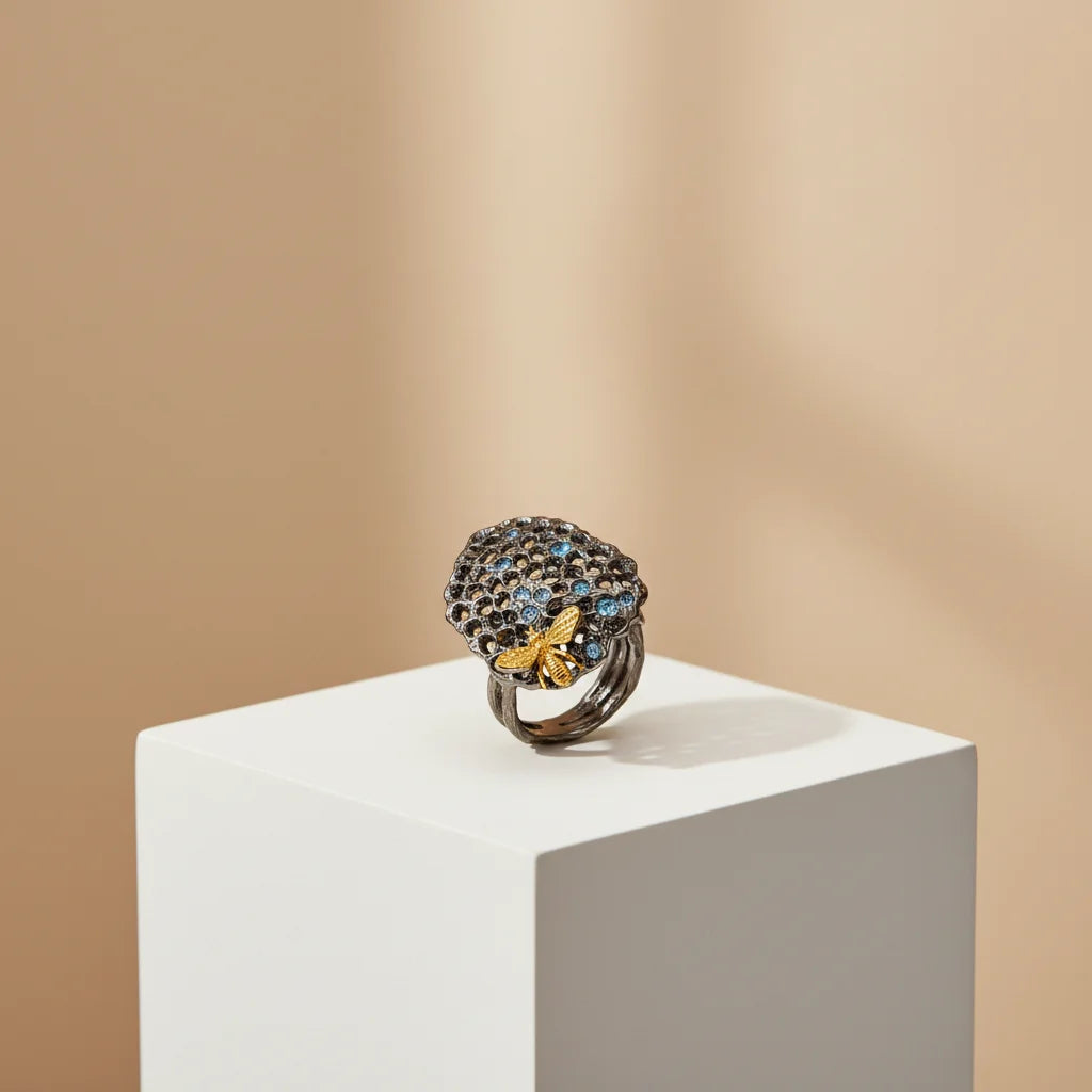 Wholesale Gold Plated Design New Retro Openwork 925 Sterling Silver Blue Topaz Ring With Cheap Price