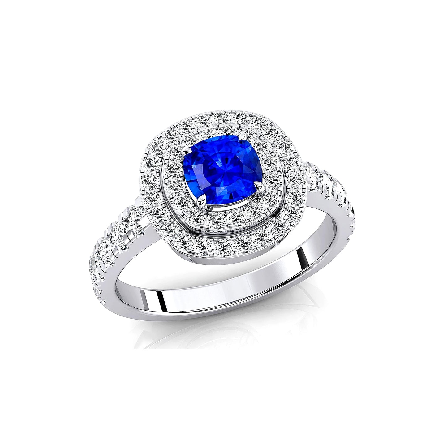 18kt Solid Gold Lab Grown Blue Sapphire Gemstone Real Diamond Rhodium Plated Handmade Double Halo Ring Jewelry Gift For Wife