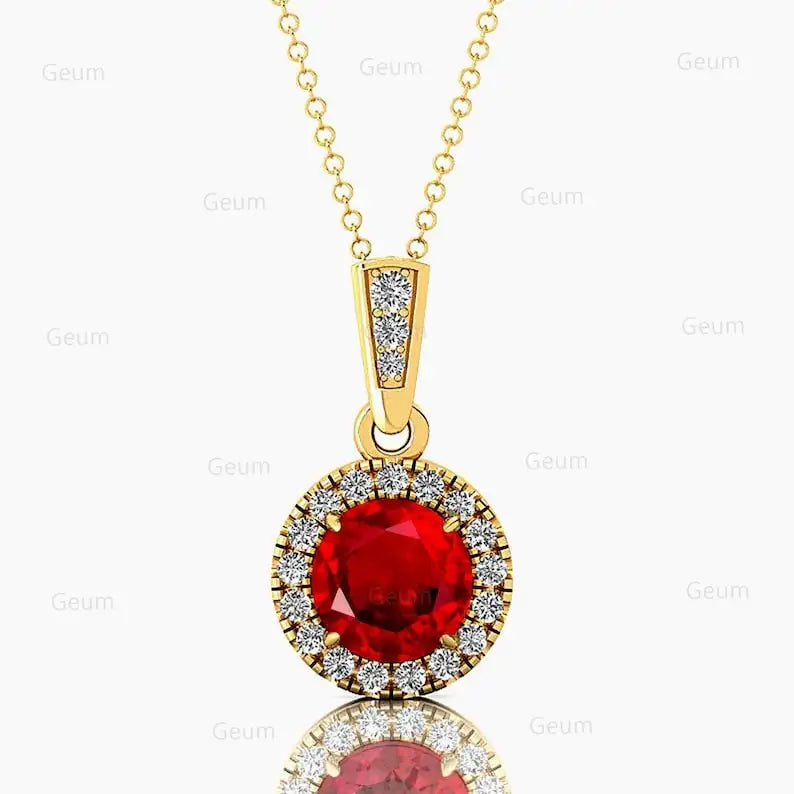 14k Solid Gold Lab Grown Ruby Gemstone Halo Pendant Diamond Necklace Round Shape Fine Jewelry Lab Ruby Gemstone Pendant Jewelry