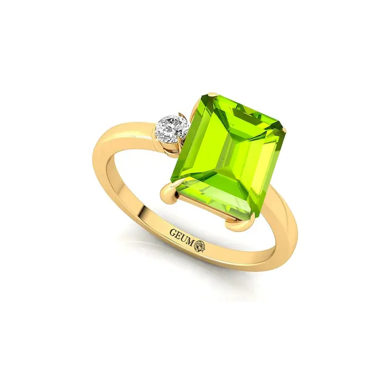 14k Yellow Solid Gold Natural Peridot & Solitaire Round Cut Diamond Engagement Ring Gift for Fiance Champagne Gold Jewelry