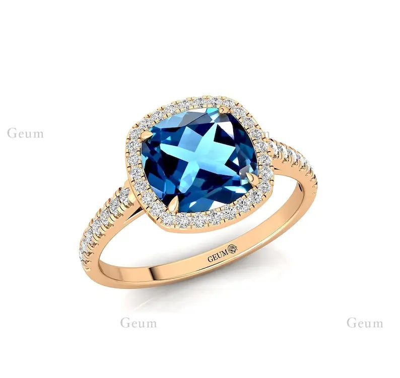 Natural London Blue Topaz December Birthstone Classic 14k Real Gold Cushion Shape Prong Set Custom Size High Quality Jewelry