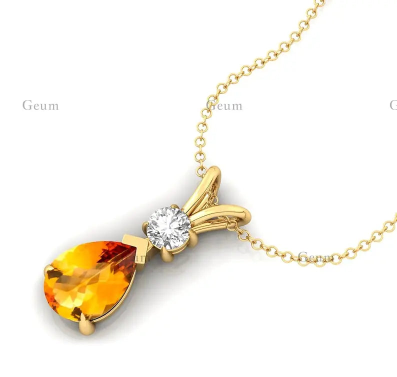 Pear Cut Citrine Gemstone Teardrop Pendant 14k 18k Gold Pendant With Natural Diamond Pendant Charms Solitaire Pendant Necklace