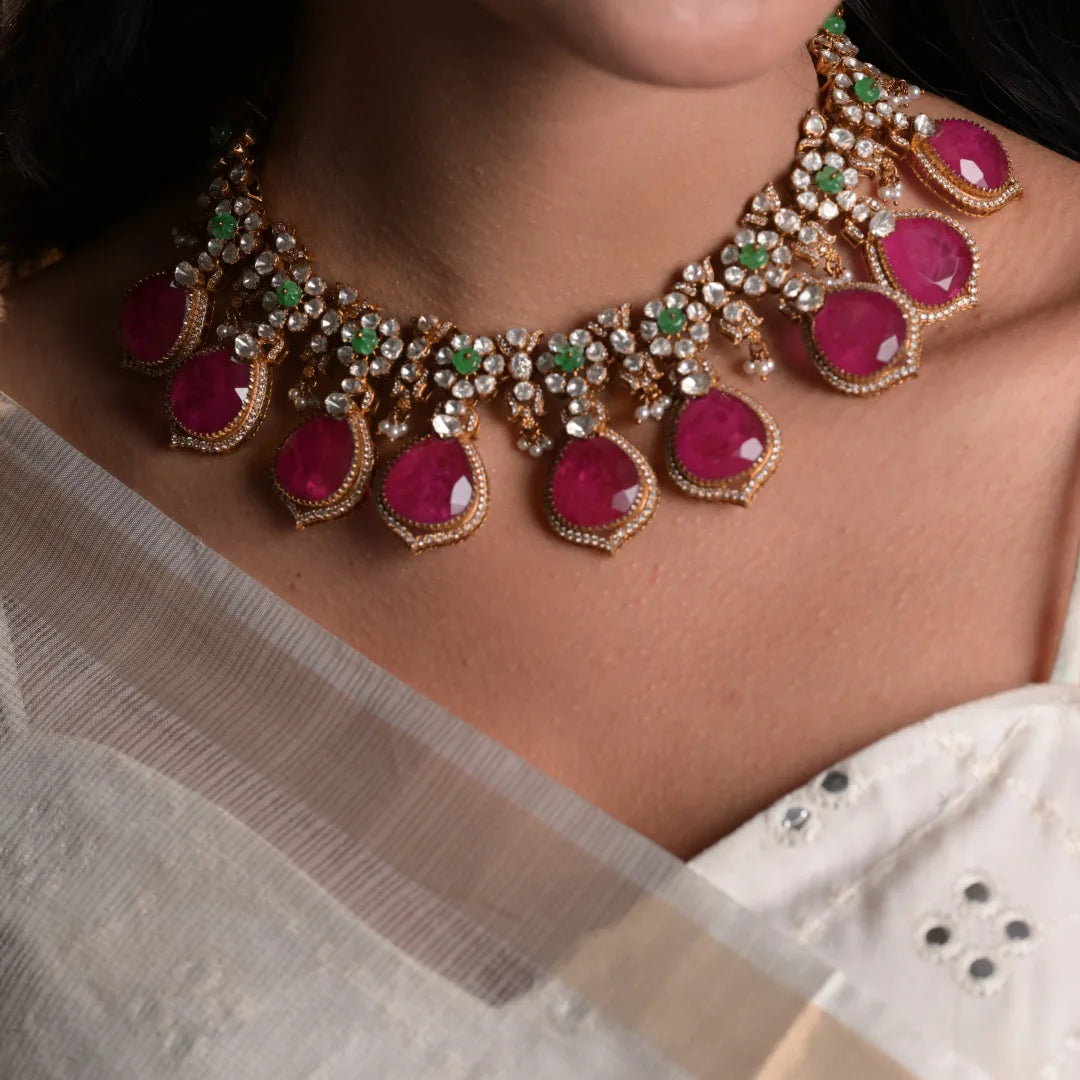 Royal Gulabi Rani Haar Gajaah 925 Silver Ruby Polki Diamond Emerald Statement Necklace Bridal Jewellery For Women
