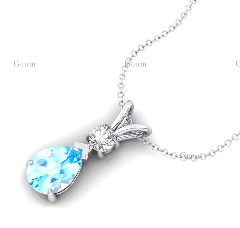 14K White/Yellow/Rose Gold Prong Set Diamond & Pear Cut Natural Aquamarine Teardrop Pendant Necklace Solitaire Charm Pendant ODM
