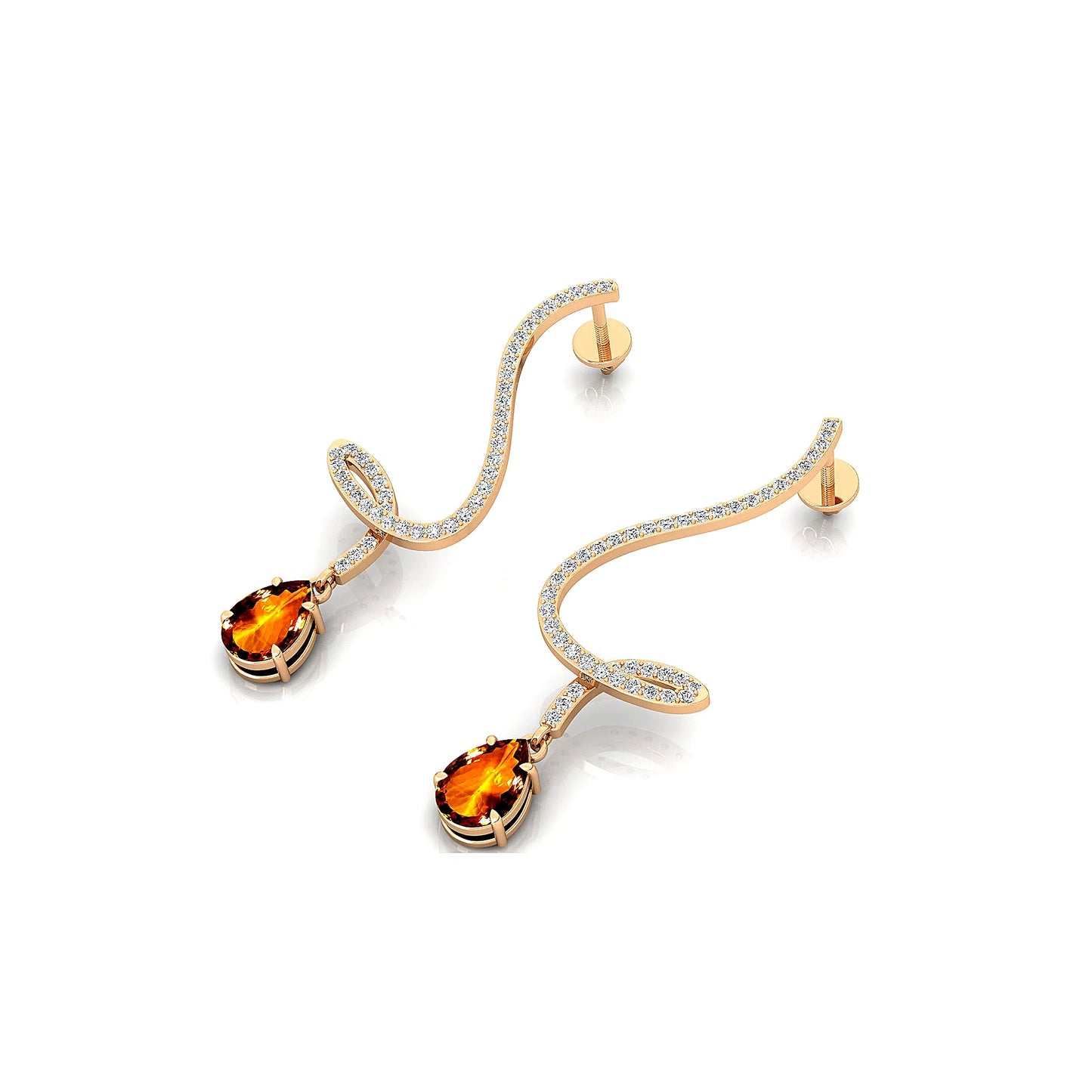 Trendy 18k Solid Gold Dangling Drop Earrings Studs Pear Cut Natural Citrine Gemstone & Real Diamonds Wedding Gift Earrings