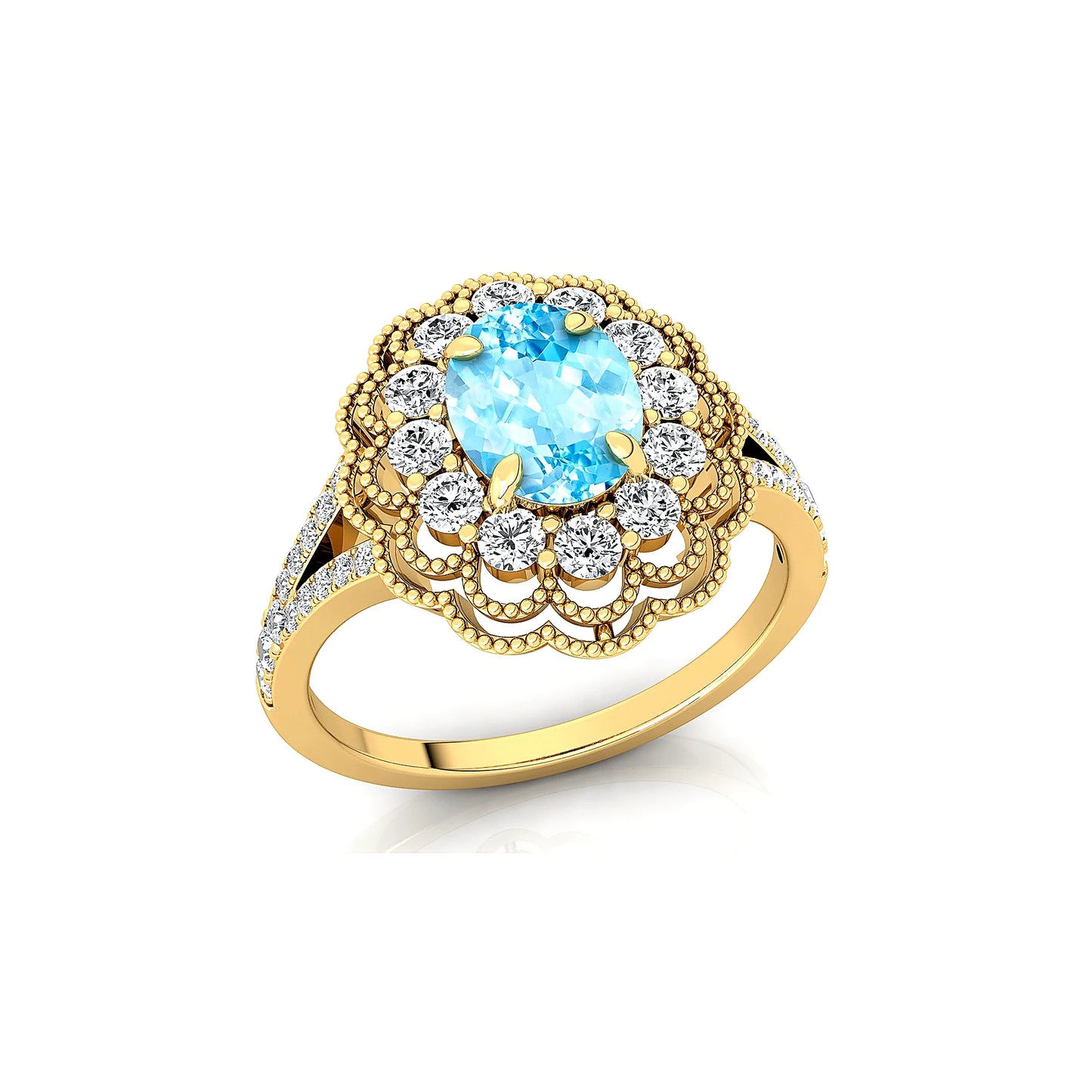 Flower Cluster Original Blue Aquamarine Oval Cut Diamond Promise Ring 14K Gold Rhodium Plated Wedding Engagement Party Gift