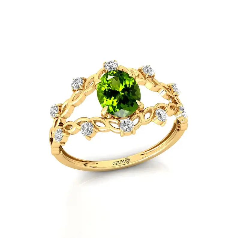 14k Yellow Solid Real Gold Oval Cut 1.35 Green Natural Peridot Gemstone Rings With Natural Diamonds Luxurious Anniversary Rings