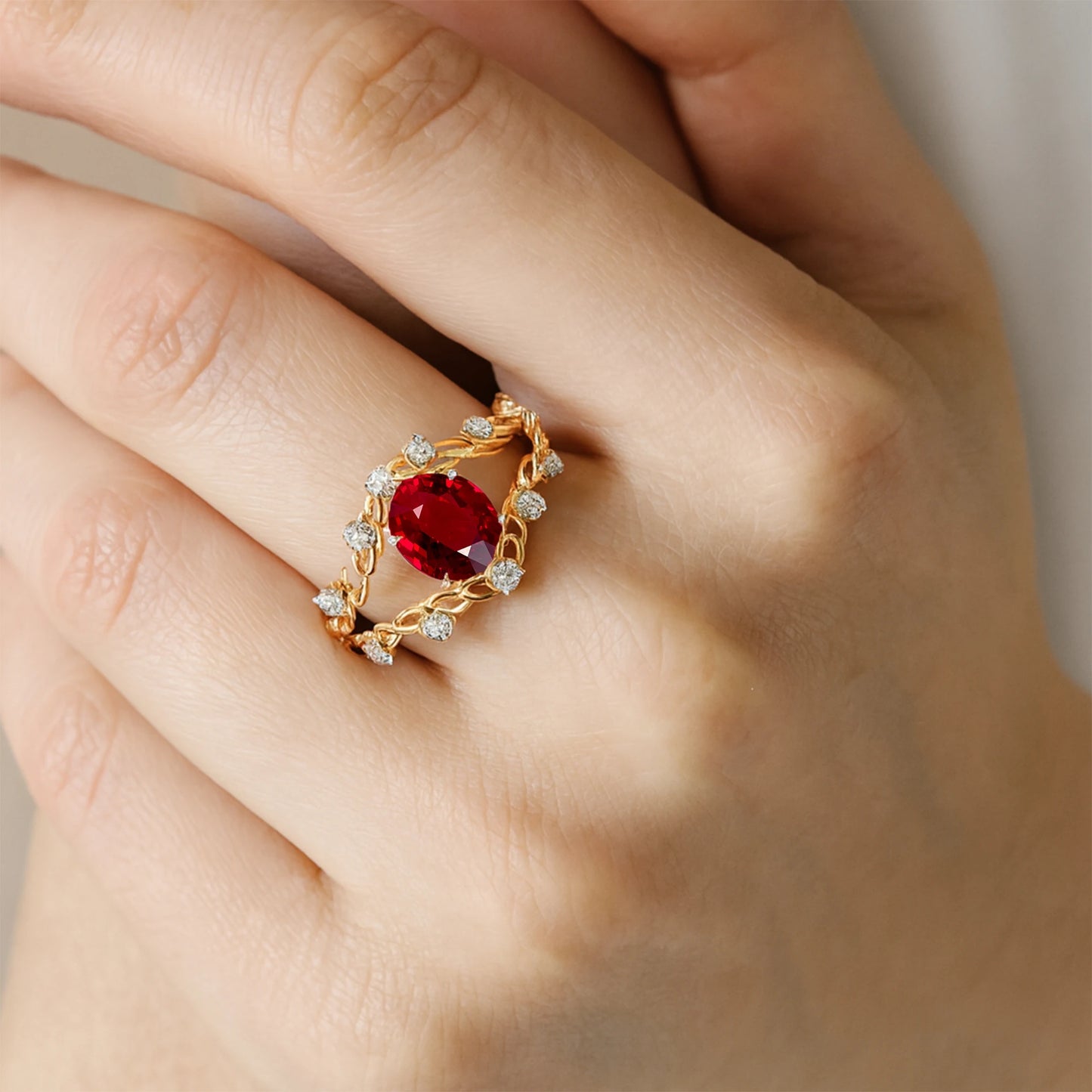 14k Gold Oval Cut Lab Grown Ruby & Real Diamond Statement Rings Luxurious Fine Jewelry Birthstone Unique Boho Design Gold Ring