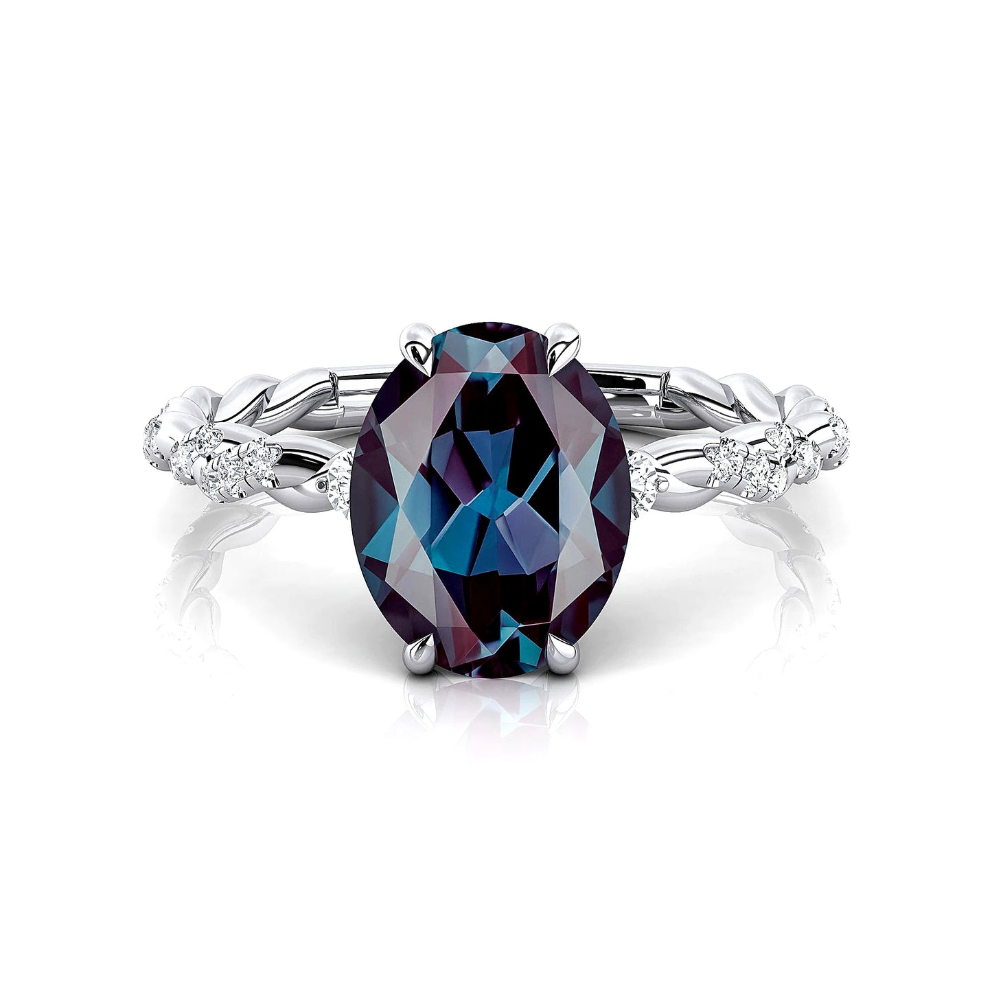18KT Solid Gold Luxurious Engagement Wedding Rings Oval Cut Lab Grown Alexandrite Gemstone Real White Diamonds Rhodium Plated