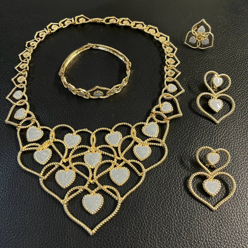 Zhuerrui Dubai Gold Plated Jewelry Set Layered Heart Inlaid Gold Weave Necklace Earrings Bracelet Ring for Women Wedding I005520