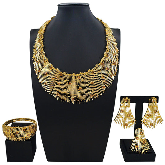 Zhuerrui Gold Plated Fringe Design Jewelry Set Including Necklace Bracelet Earrings for Wedding Party Formal Occasions I0001420