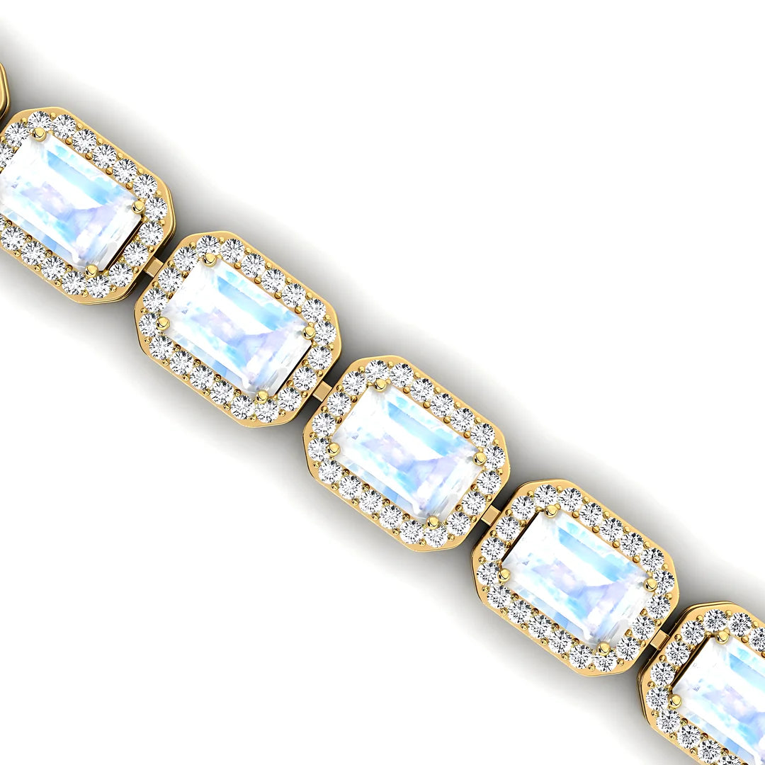 Natural Octagon Cut Rainbow Moonstone & Diamond Tennis Bracelet 14k Solid Gold Prong Set Wedding Gift Gemstone Tennis Bracelets