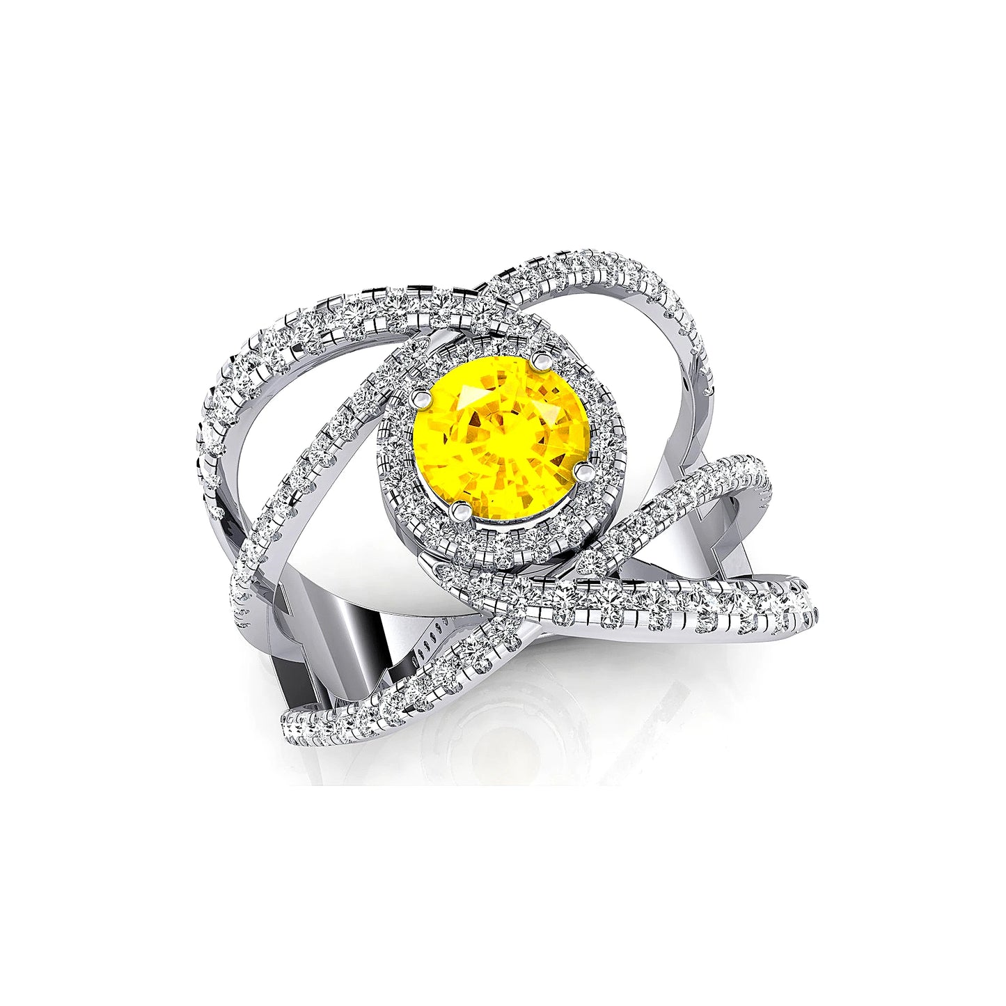 Luxurious Fashionable Design 14k Gold Wedding Ring Adorned With Lab Grown Yellow Sapphire Gemstone & Natural Diamonds Halo Ring