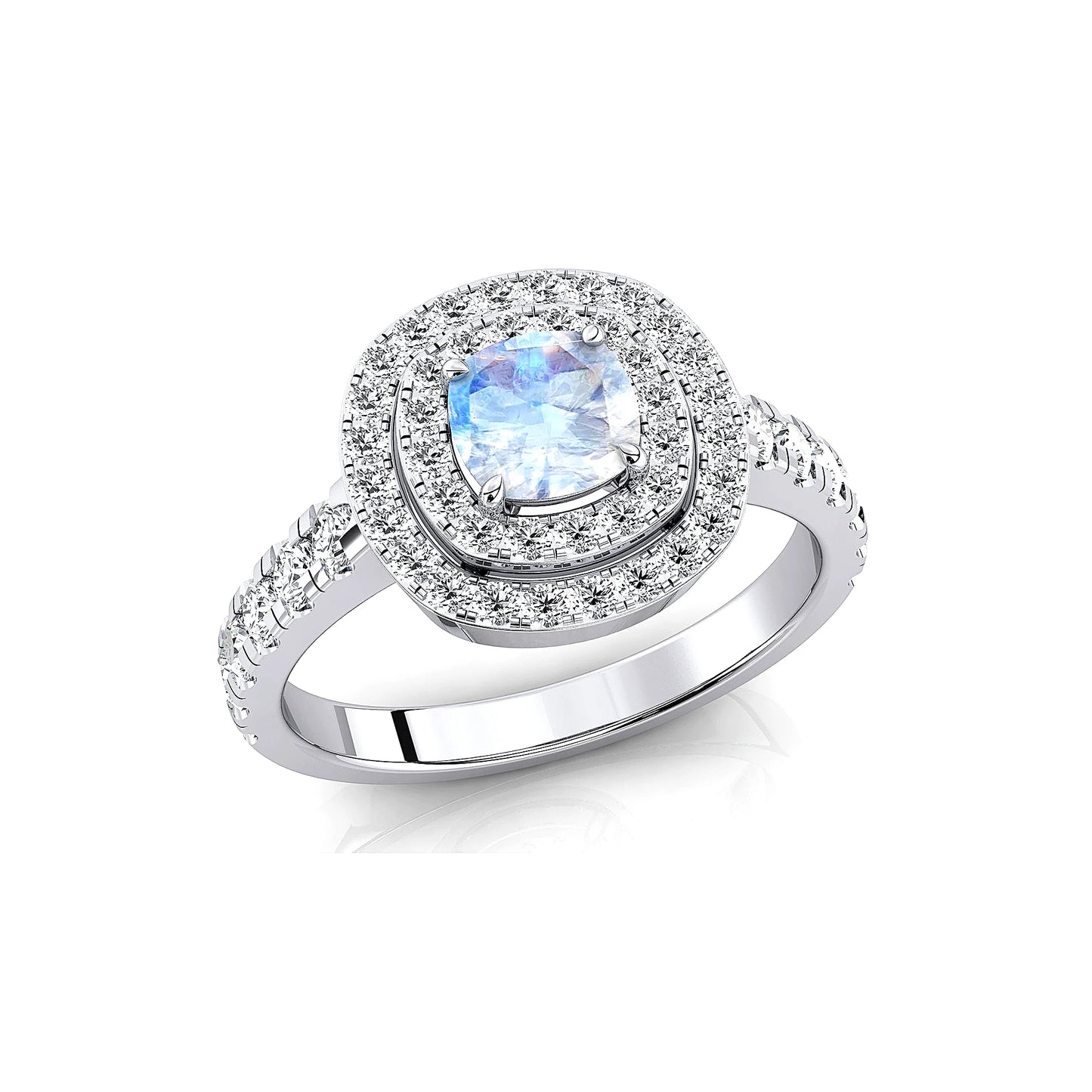 18k Solid Gold Rings Natural Rainbow Moonstone Cushion Cut Prong Set Double Halo Half Eternity Ring Band For Birthday Gift