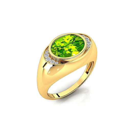 18k Solid Gold Signet Rings Natural Peridot Gemstone Bezel Setting Rhodium Plated Ring With Natural Diamonds Rings Gift For Wife