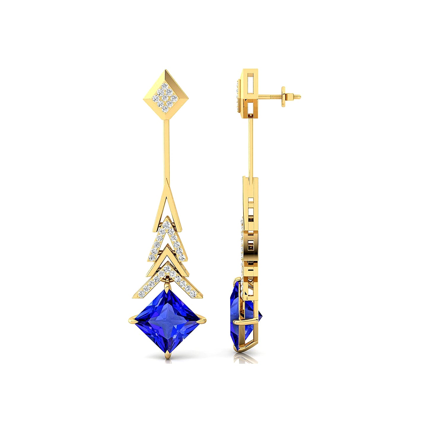 18k Gold Luxury Tanzanite Gemstone Fine Drop Princess Cut Real Diamond Elegant Design Solid Gold Rhodium Plated Cute Style Gift