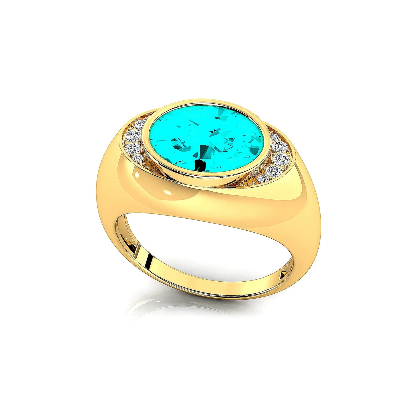 Luxurious Wedding 18k Solid Gold Rhodium Plated Signet Ring Studded Real Diamonds and Lab grown Paraiba Tourmaline Gemstone