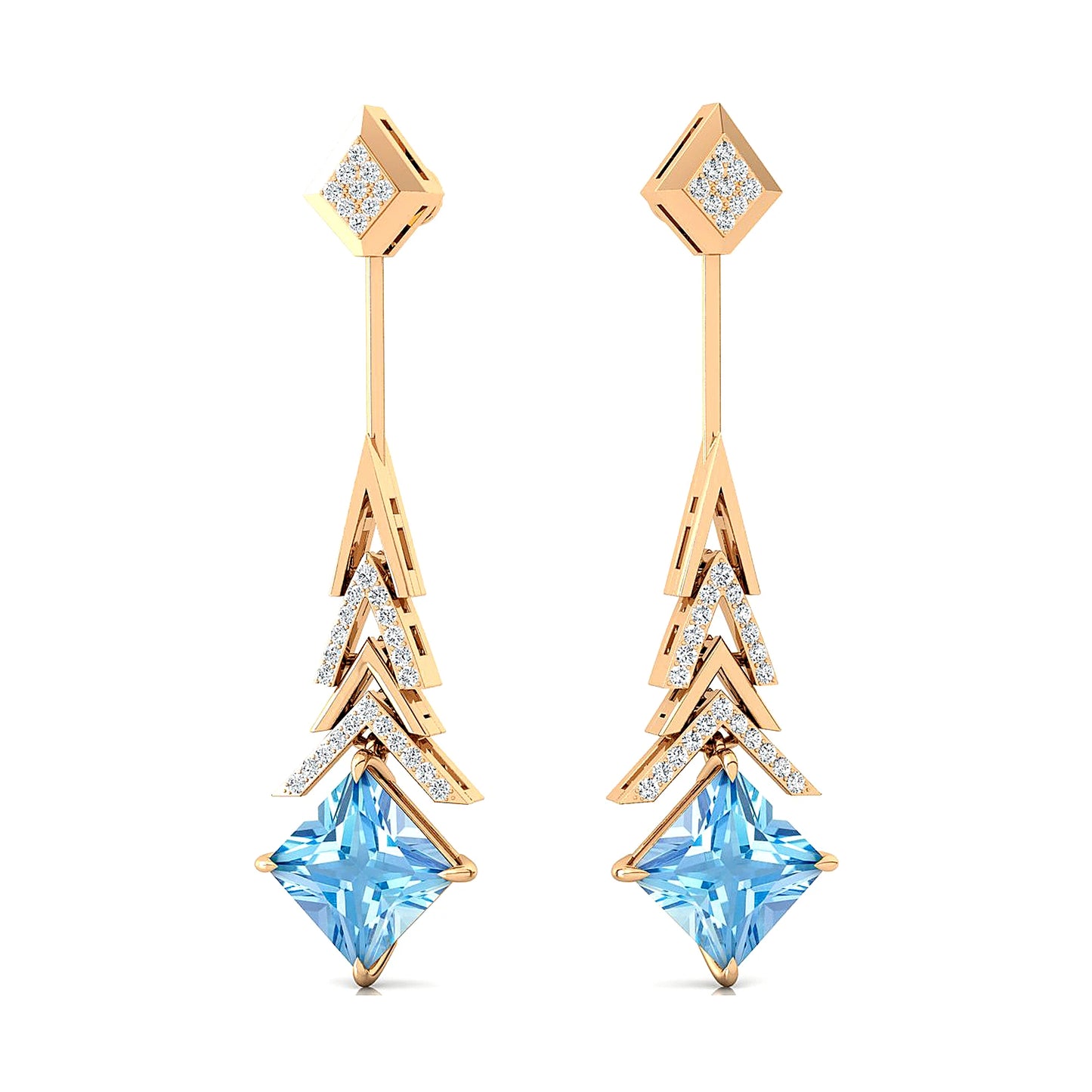 Wedding Party Gift Natural Aquamarine Princess Cut Gemstone Solid Gold Real Diamonds Dangle Drop Earrings Rhodium Plated Jewelry