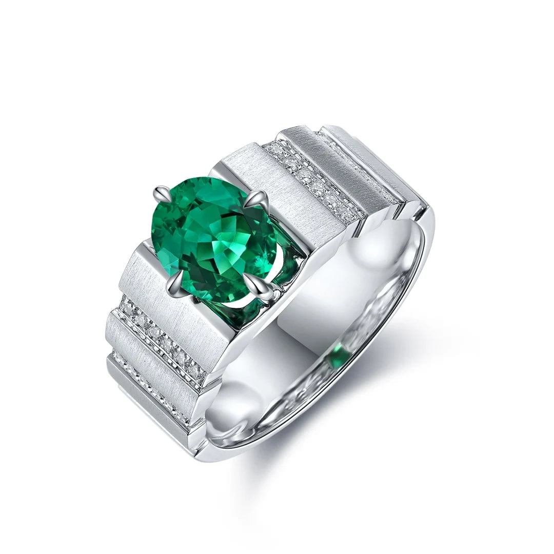 Gemfiori Anster Lab Made Diamonds and Ring S925 Sterling Silver Oval Cut Lab Created Green Sapphire Men Ring