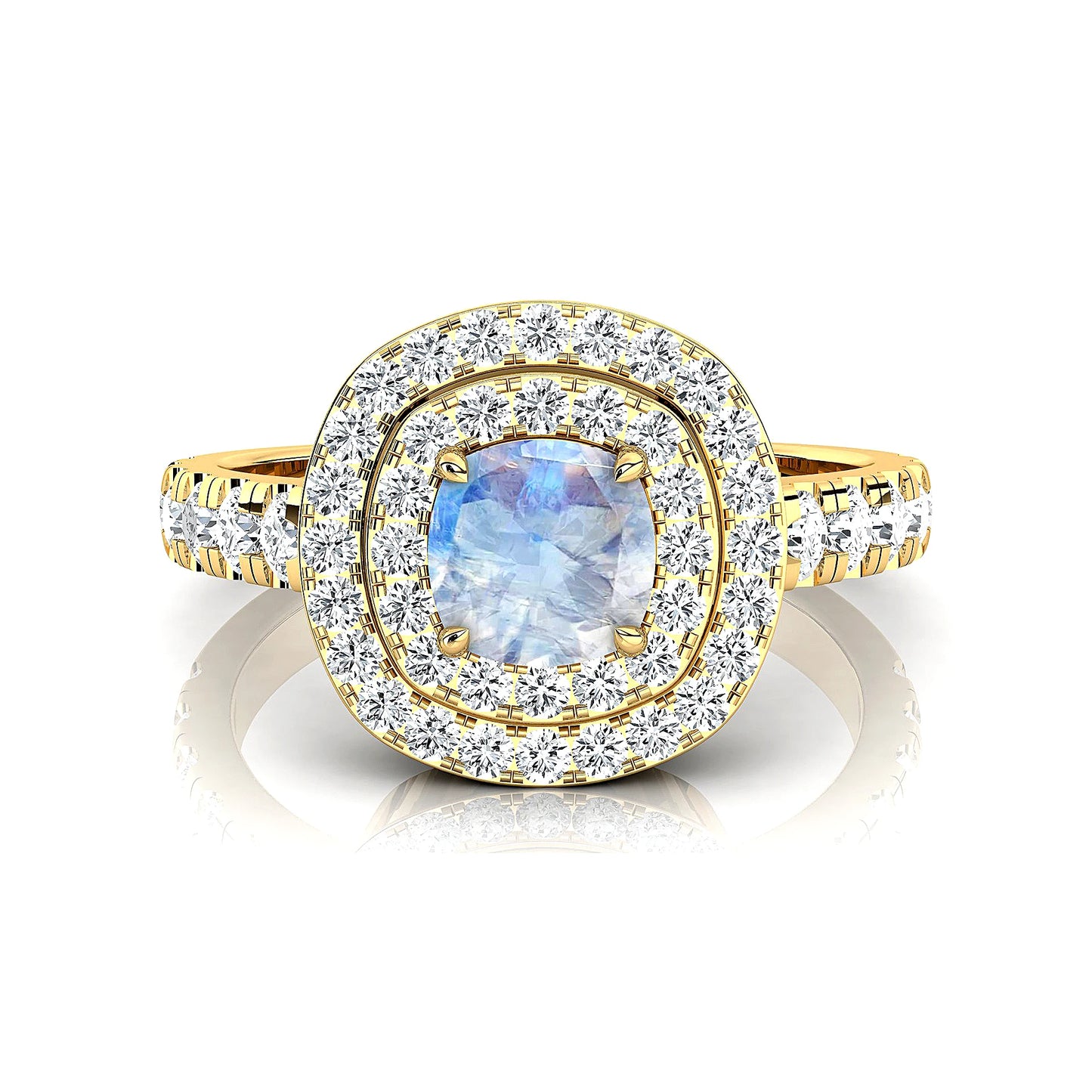 18k Solid Gold Rings Natural Rainbow Moonstone Cushion Cut Prong Set Double Halo Half Eternity Ring Band For Birthday Gift