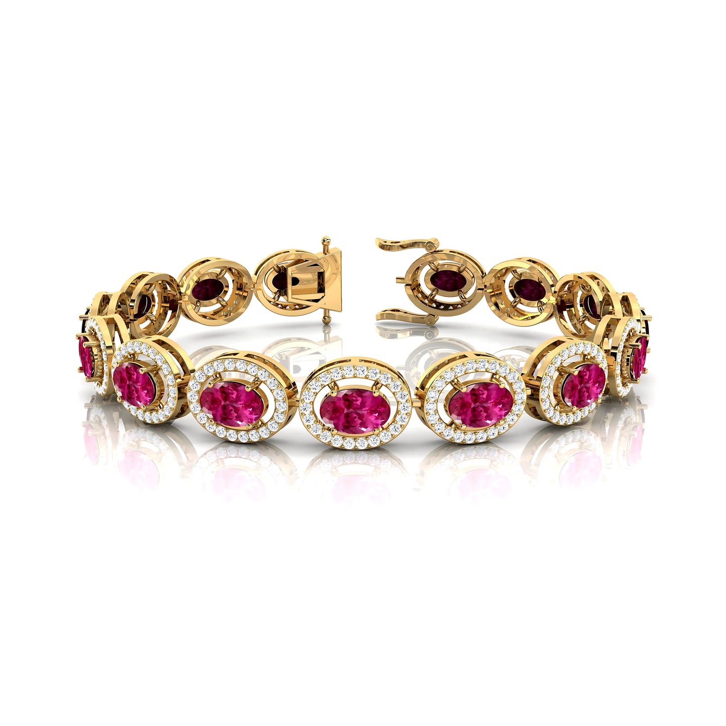 14k Gold Natural Oval Pink Sapphire & Diamond Tennis Bracelet Luxury Elegant Design Bulk Wholesale Fine Jewelry Tennis Bracelets