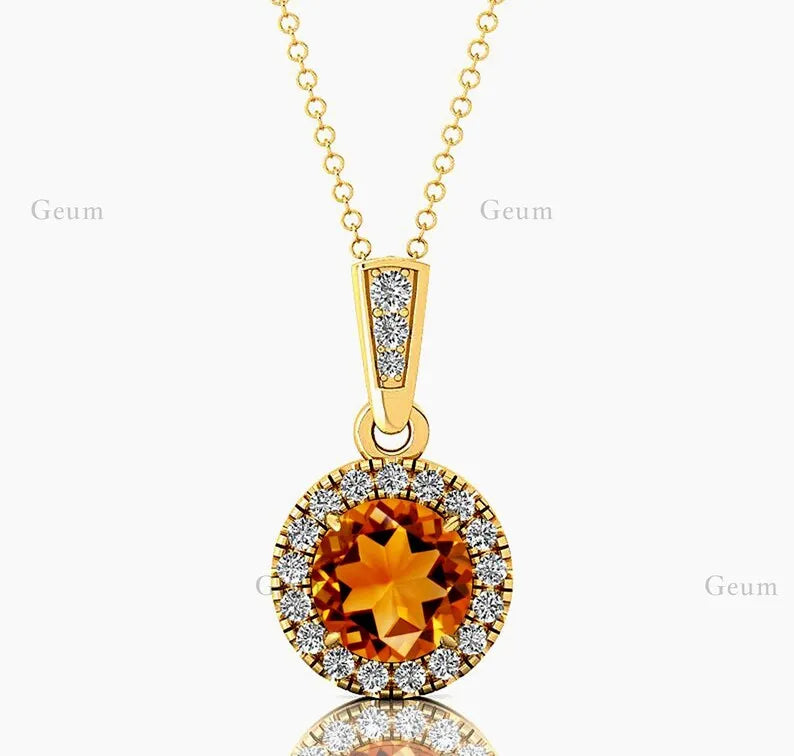 Classic Cute Design Cut Citrine Gemstone Halo Solitaire Charm's Pendant Necklace 14K Solid Gold Rhodium Plated Natural Diamonds