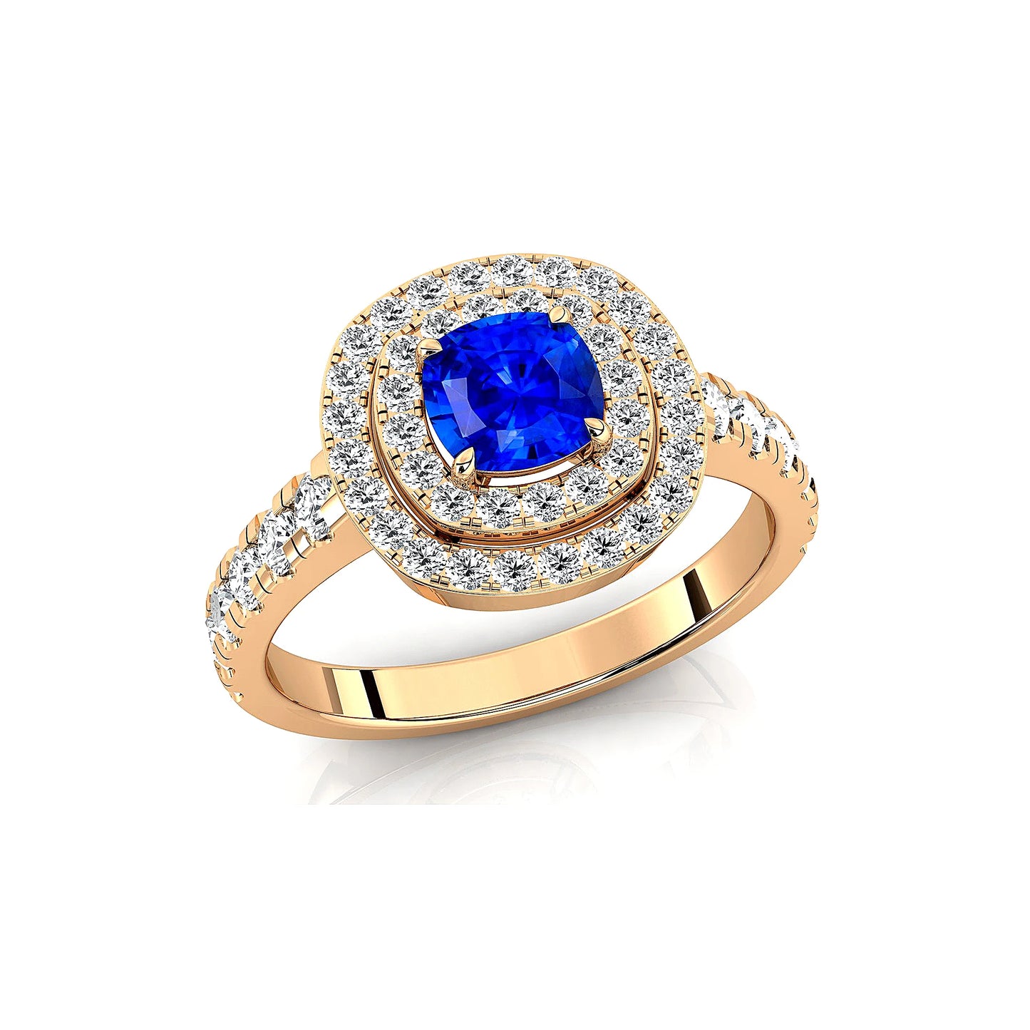 18kt Solid Gold Lab Grown Blue Sapphire Gemstone Real Diamond Rhodium Plated Handmade Double Halo Ring Jewelry Gift For Wife