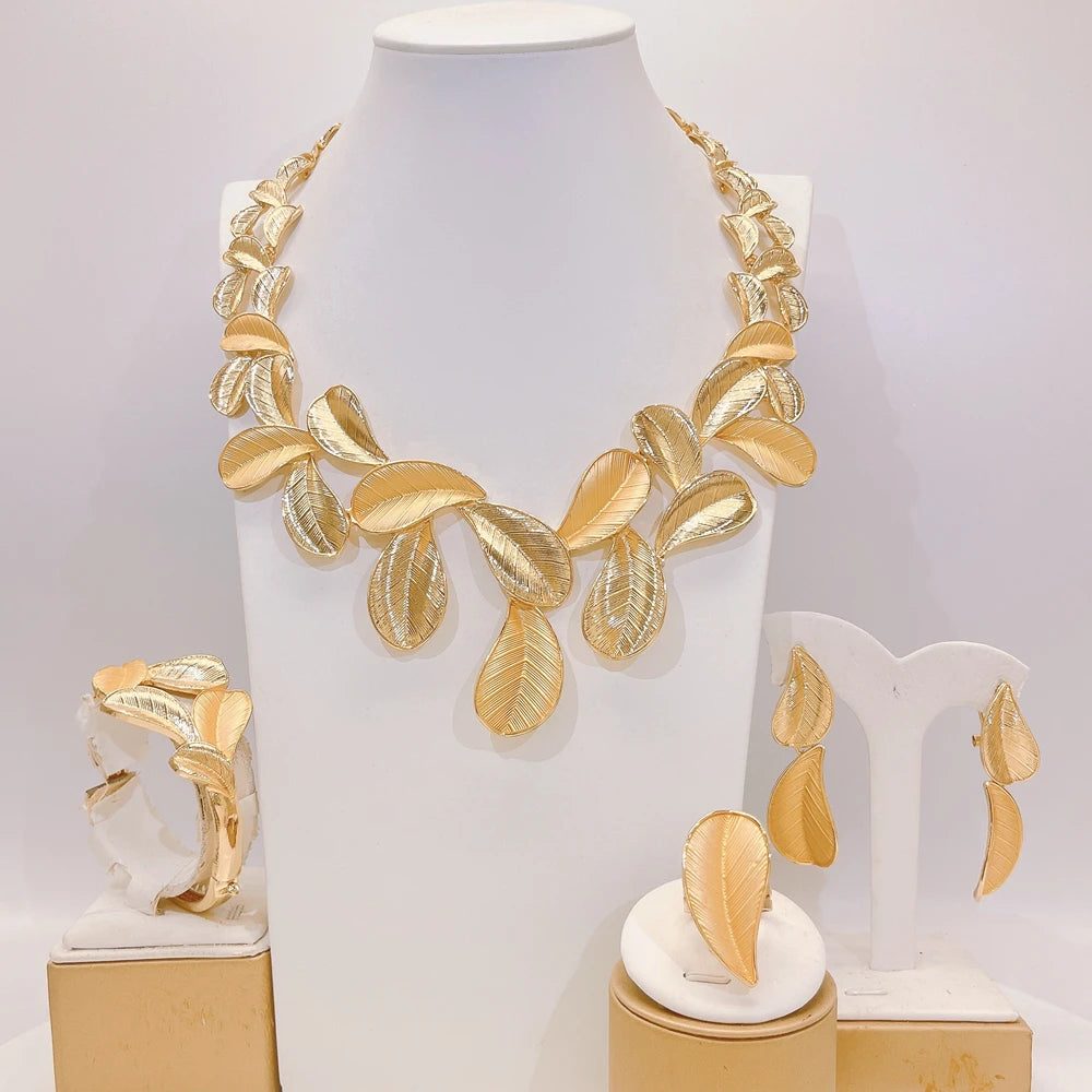 Zhuerrui Italian Gold Plated Jewelry Set for Women Leaf Shape Textured Pattern Necklace Earrings Bracelet Ring Party I0000420