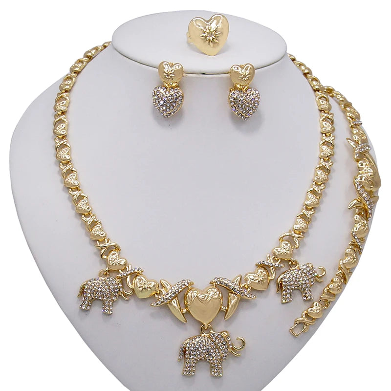 Zhuerrui Luxury African Brazilian Gold Wedding Party Xoxo Jewelry Sets Crystal Elephant I Love You Hug and Kiss Jewelry SetX0073